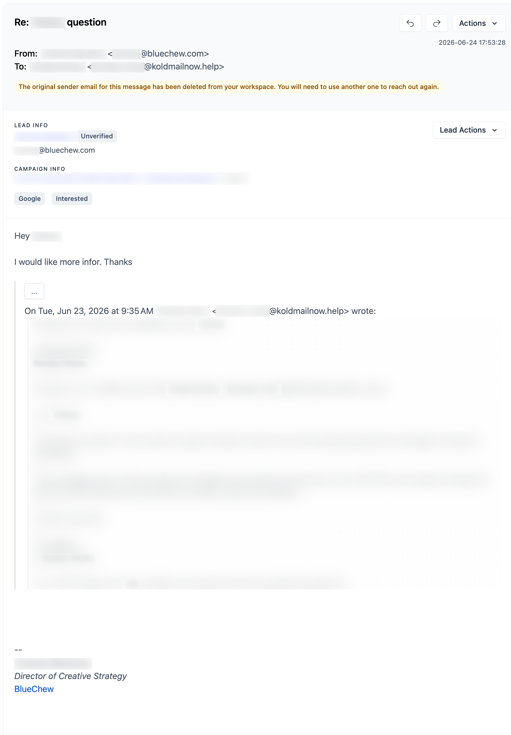BlueChew email reply, with personal details redacted