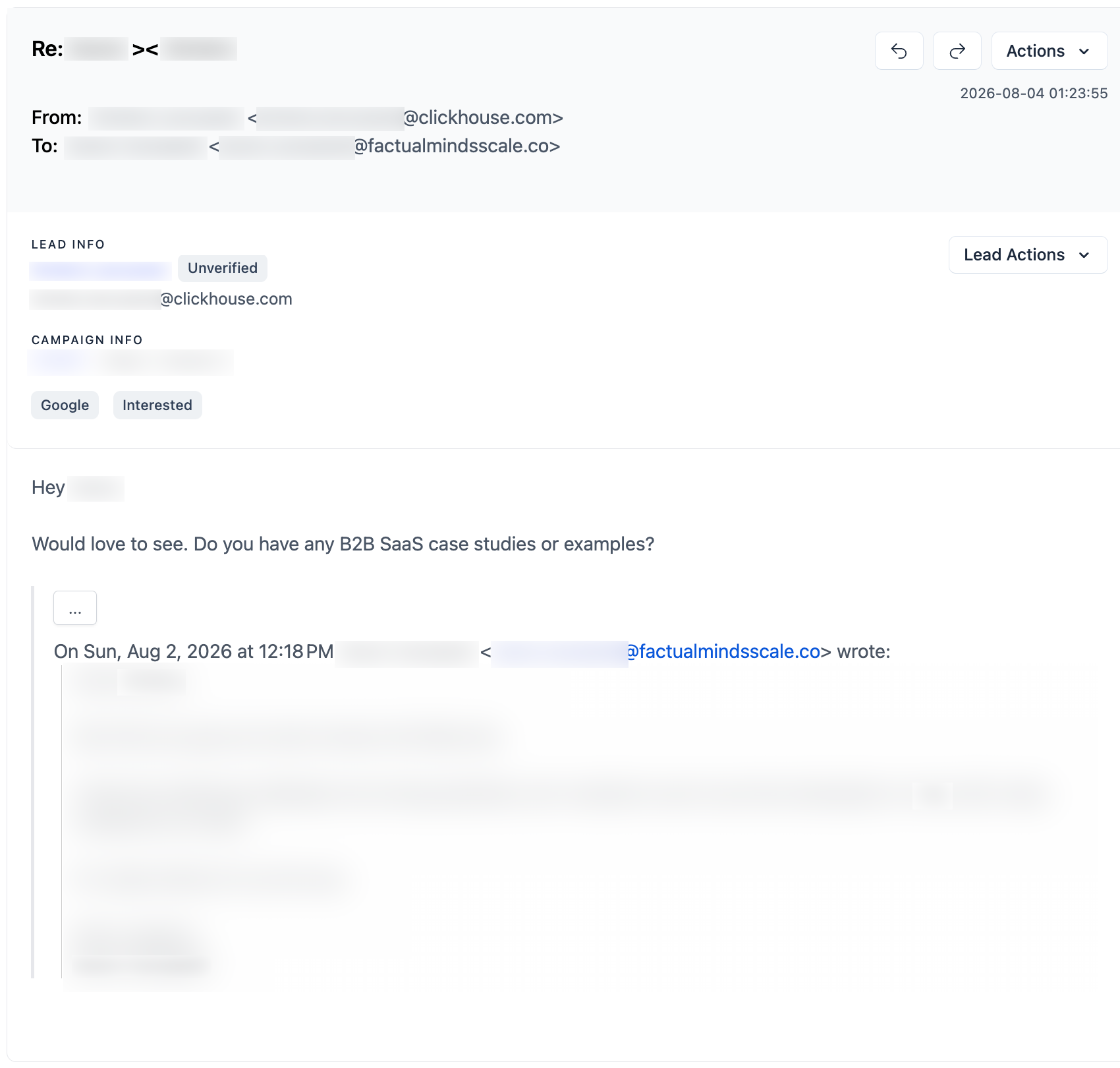 ClickHouse email reply, with personal details redacted